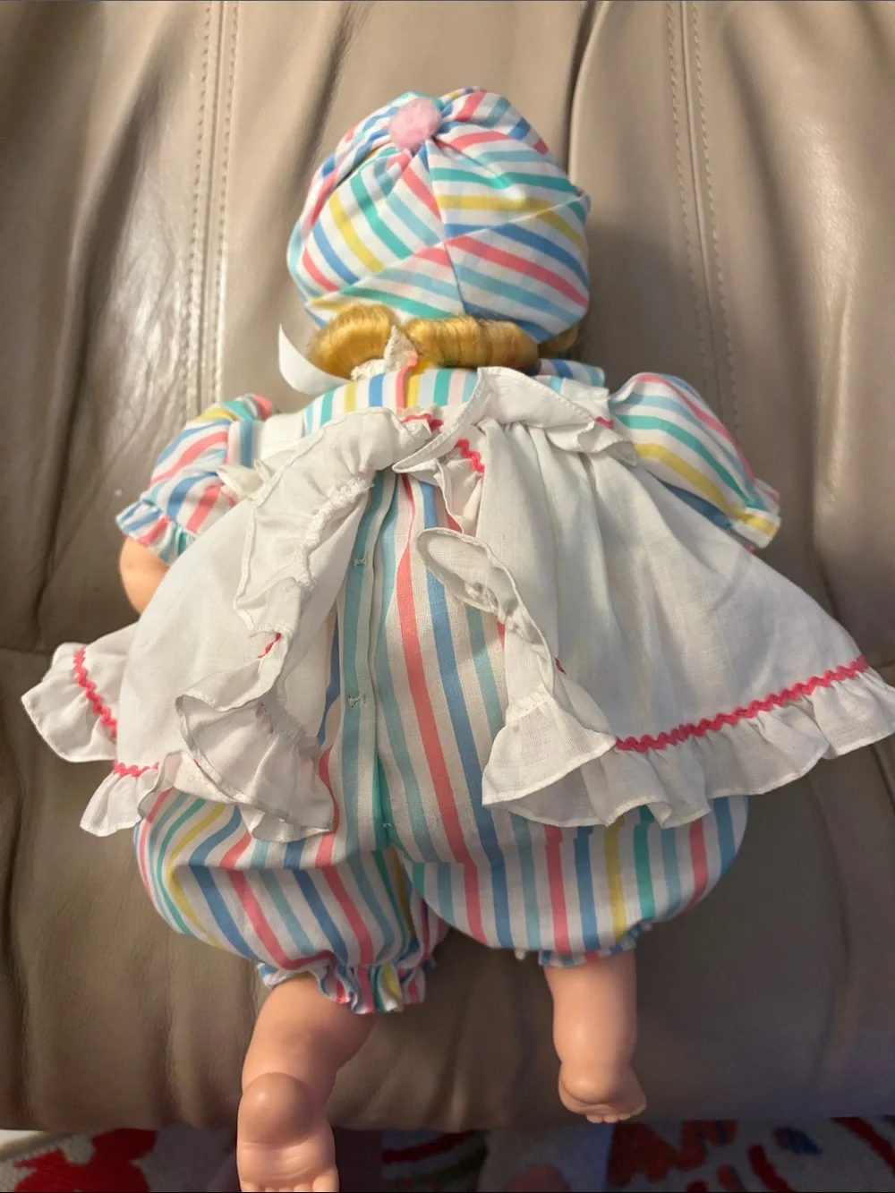 Vintage- Madame Alexander Baby Doll in White Dress with Multicolor Stripes